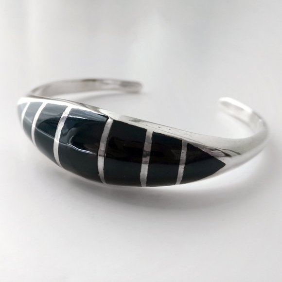 Heavy Sterling Silver Bangle Bracelet Black with Enamel Inlay for a Small Wrist - Picture 1 of 7